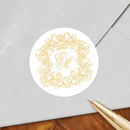 Pegatina Redonda Elegant Gold Monogram Crest Vintage Wedding