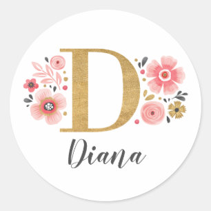 Pegatina Redonda Elegant Gold Pink Floral Monogram Initial Letter D