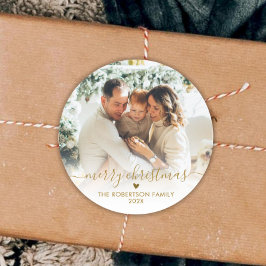 Pegatina Redonda Elegant Gold Script Family Photo Merry Christmas