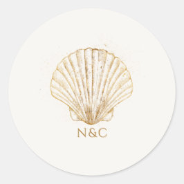 Pegatina Redonda Elegant Gold Seashell Names Initials Wedding