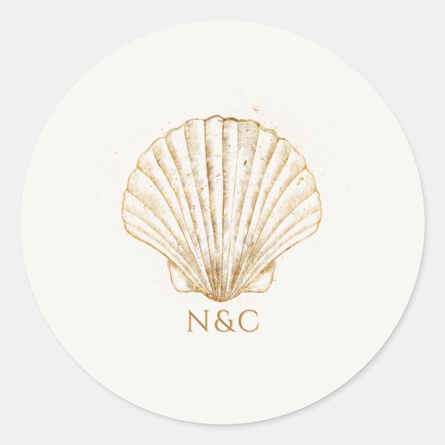 Pegatina Redonda Elegant Gold Seashell Names Initials Wedding (Anverso)