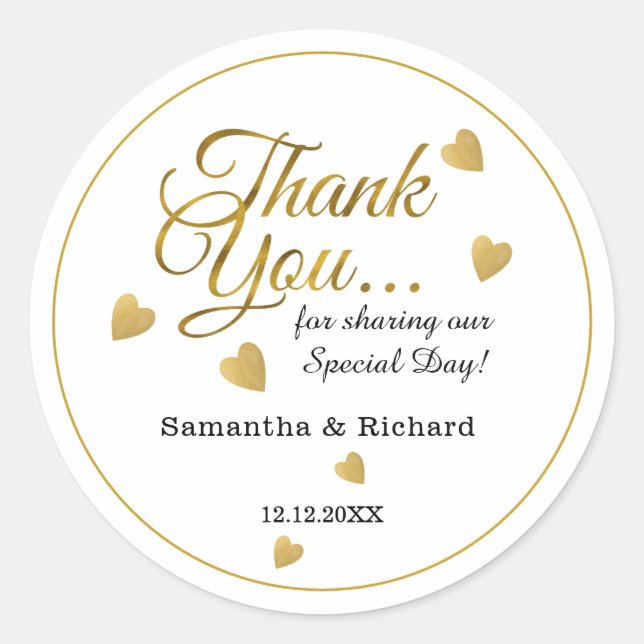 Pegatina Redonda Elegant Gold Thank You Heart Wedding  Favor (Anverso)