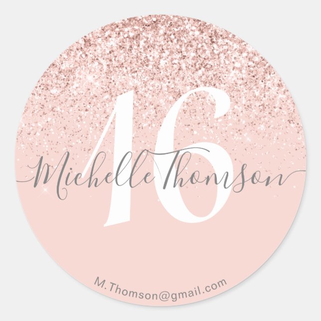 Pegatina Redonda Elegant Golden Glitter Monogram Sweet Pink 16 (Anverso)
