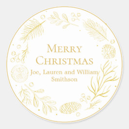 Pegatina Redonda Elegant Golden Leaves & Berries Merry Christmas