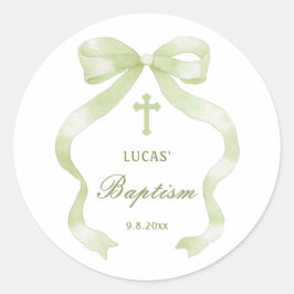 Pegatina Redonda Elegant Green Bow Baptism Classic Round Sticker