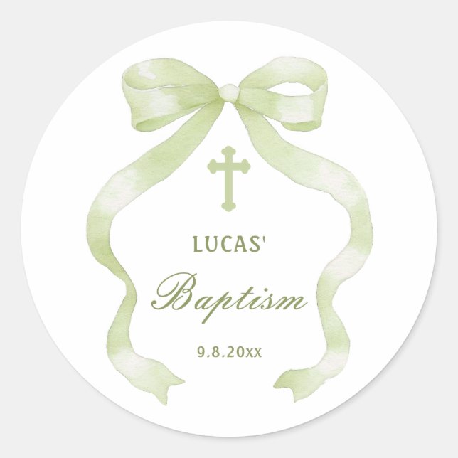 Pegatina Redonda Elegant Green Bow Baptism Classic Round Sticker (Anverso)