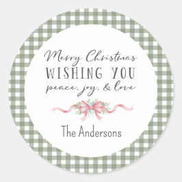 Pegatina Redonda Elegant Green Gingham Plaid Preppy Christmas