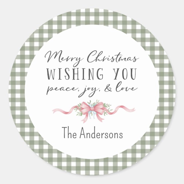 Pegatina Redonda Elegant Green Gingham Plaid Preppy Christmas (Anverso)