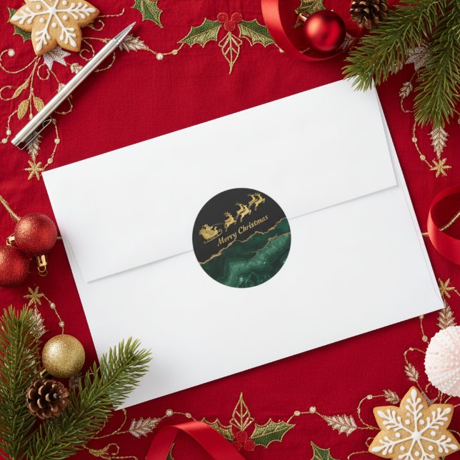 Pegatina Redonda Elegant Green Gold Santa Sleigh Merry Christmas (Subido por el creador)