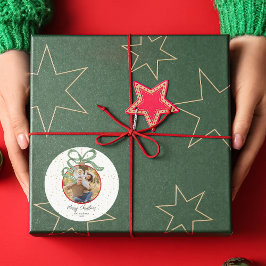 Pegatina Redonda Elegant Green Ribbon Photo Christmas