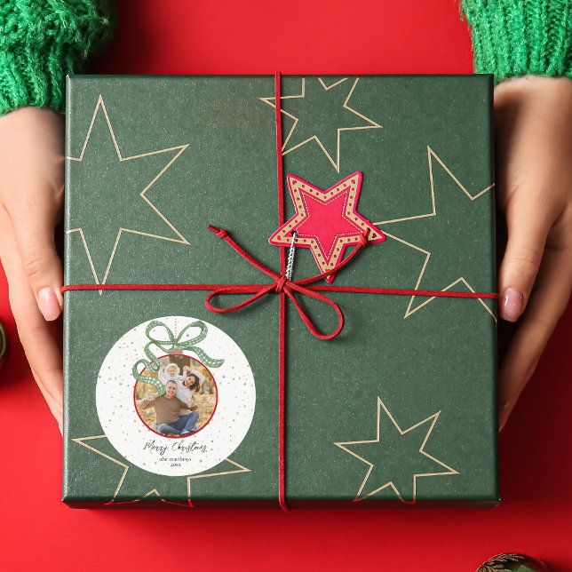 Pegatina Redonda Elegant Green Ribbon Photo Christmas (Subido por el creador)
