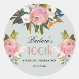 Pegatina Redonda Elegant Handpainted Floral 100th Birthday Welcome
