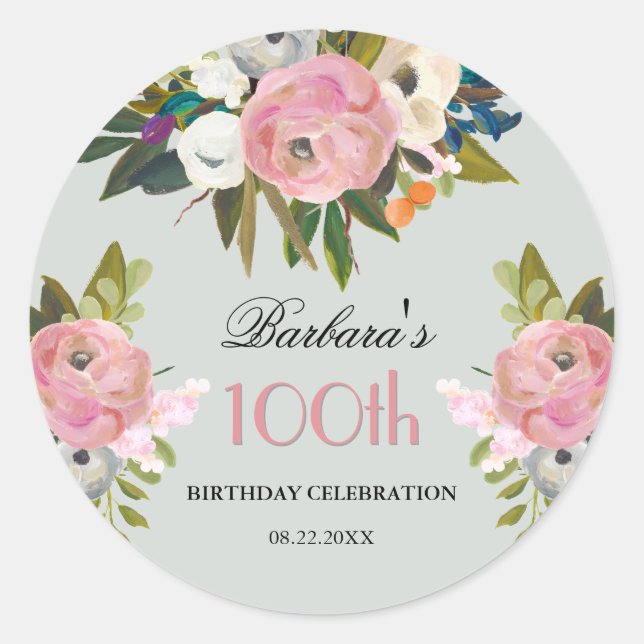 Pegatina Redonda Elegant Handpainted Floral 100th Birthday Welcome (Anverso)
