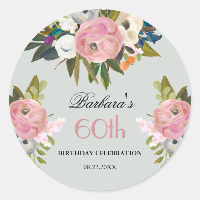 Pegatina Redonda Elegant Handpainted Floral 60th Birthday Welcome (Anverso)