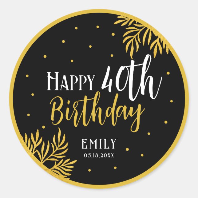 Pegatina Redonda Elegant Happy 40th Birthday Gold Foliage Party (Anverso)