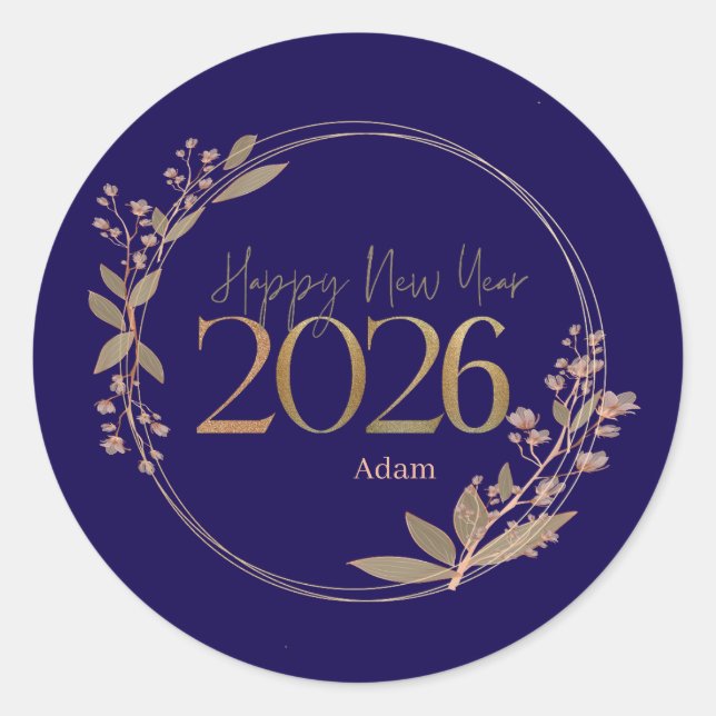 Pegatina Redonda Elegant Happy New Year 2026 Blue & Gold Personaliz (Anverso)