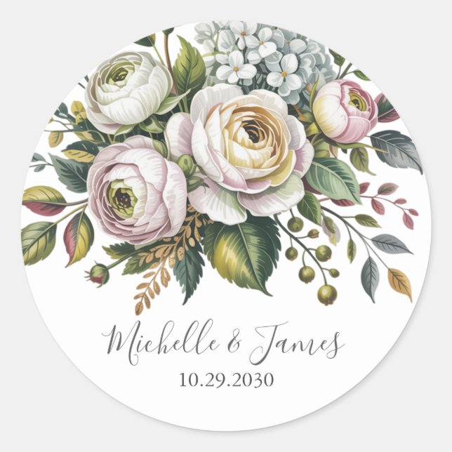Pegatina Redonda Elegant Hydrangea Rose Floral Wedding              (Anverso)