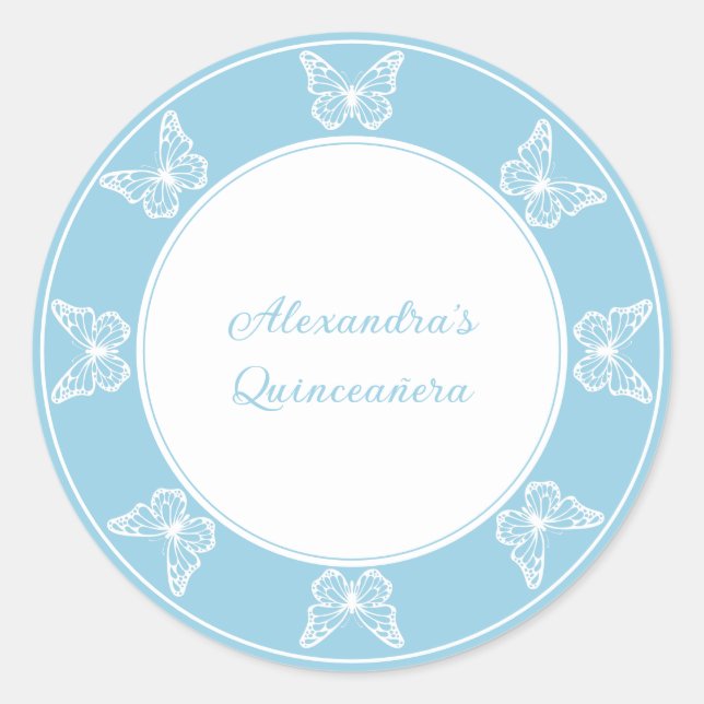 Pegatina Redonda Elegant Light Blue Quinceañera - Butterfly Classy (Anverso)