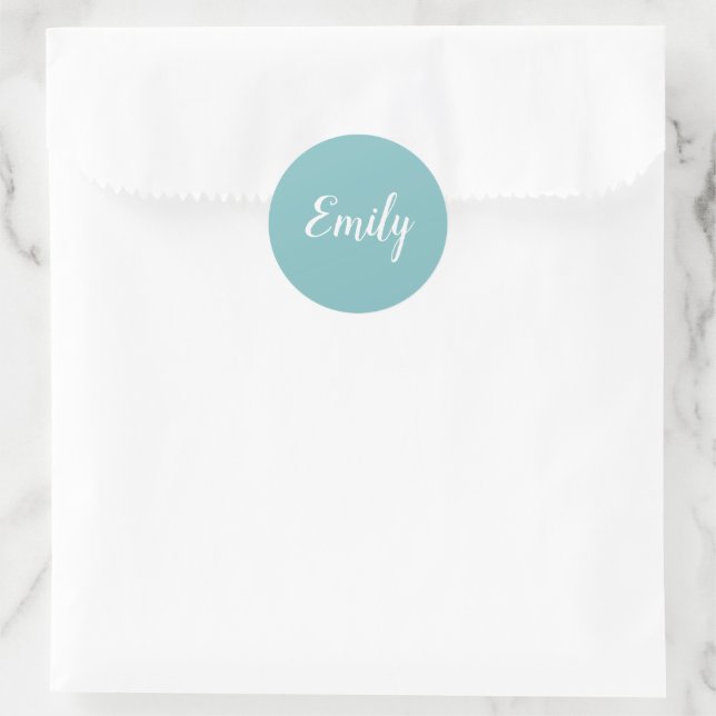 Pegatina Redonda Elegant Light Turquoise Blue Script Cursive Name (Bolso)