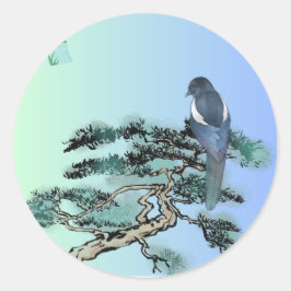Pegatina Redonda Elegant Magpie Bird Bonsai Aesthetic Sticker 