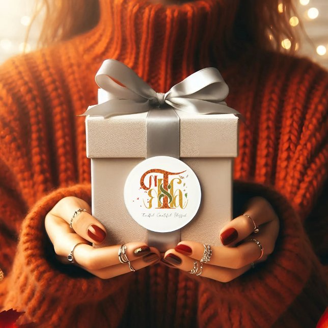 Pegatina Redonda Elegant Manuscript Thanks Autumn Fall Foliage (Subido por el creador)