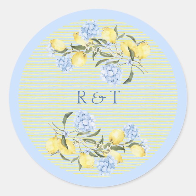 Pegatina Redonda Elegant Mediterranean Lemons Initials Wedding (Anverso)