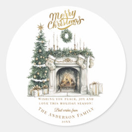 Pegatina Redonda Elegant Merry Christmas Sticker with Fireplace and