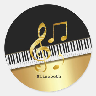 Pegatina Redonda Elegant Modern Black Gold Music Notes,Piano Keys