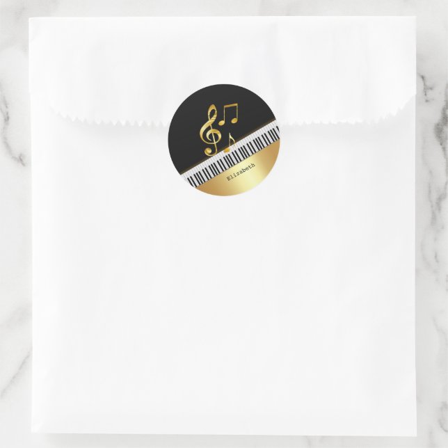 Pegatina Redonda Elegant Modern Black Gold Music Notes,Piano Keys   (Bolso)