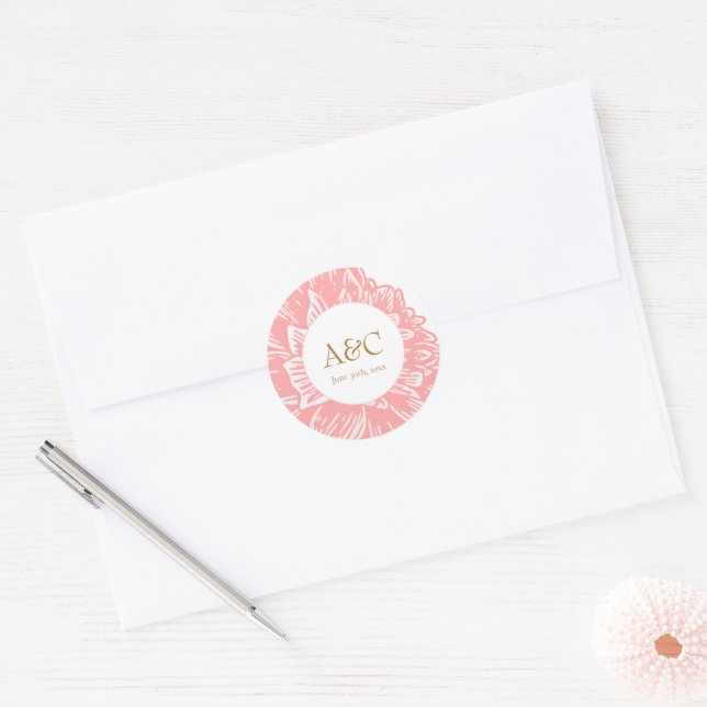 Pegatina Redonda Elegant Monogram Dusty Pink Floral Wedding Sticker (Sobre)