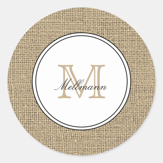 Pegatina Redonda Elegant Monogram Name Country Chic Style Burlap (Anverso)
