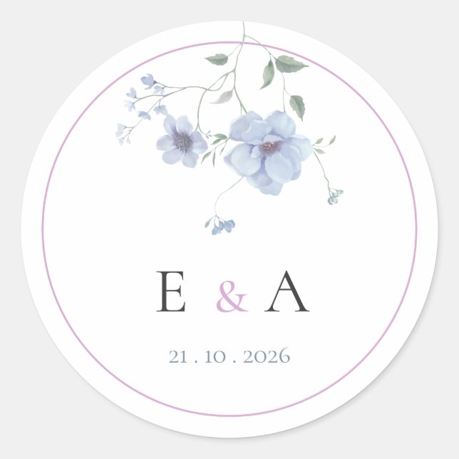 Pegatina Redonda Elegant Monogram Pink & Blue Floral Wedding  (Anverso)