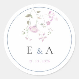 Pegatina Redonda Elegant Monogram Pink & Blue Floral Wedding 