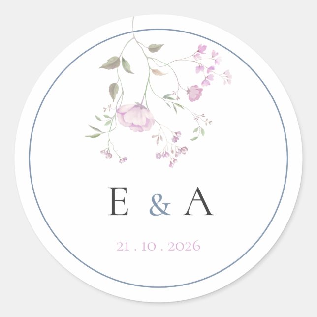 Pegatina Redonda Elegant Monogram Pink & Blue Floral Wedding  (Anverso)