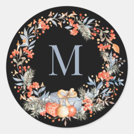 Pegatina Redonda Elegant Monogram Wreath Dusty Blue Modern