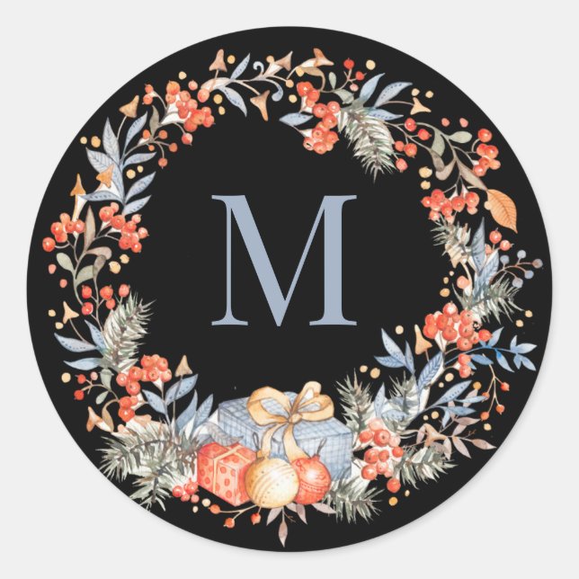 Pegatina Redonda Elegant Monogram Wreath Dusty Blue Modern (Anverso)