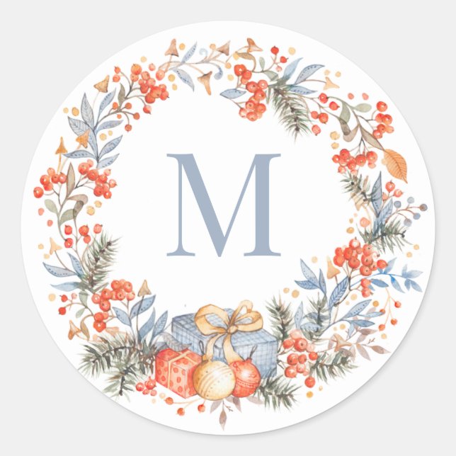Pegatina Redonda Elegant Monogram Wreath Dusty Blue Modern (Anverso)