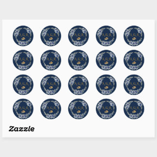 Pegatina Redonda Elegant Navy and Gold Floral Wedding Envelope Seal