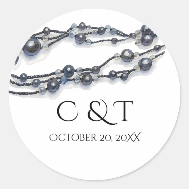 Pegatina Redonda Elegant Navy Blue Pearl Watercolor Modern Wedding  (Anverso)