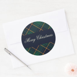 Pegatina Redonda Elegant Navy Green Plaid Christmas