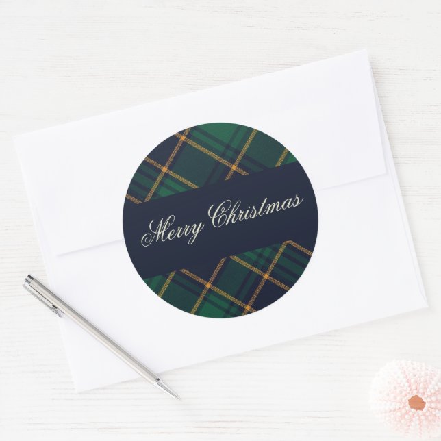 Pegatina Redonda Elegant Navy Green Plaid Christmas (Sobre)