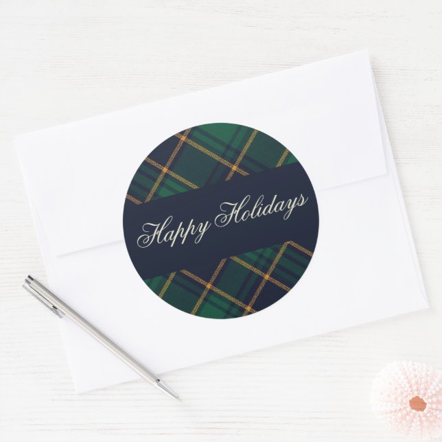 Pegatina Redonda Elegant Navy Green Plaid Holiday (Sobre)