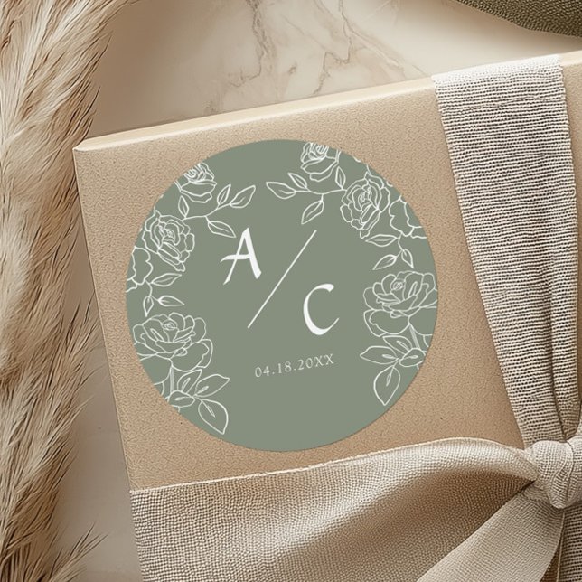 Pegatina Redonda Elegant Olive Green French Roses Wedding (Subido por el creador)