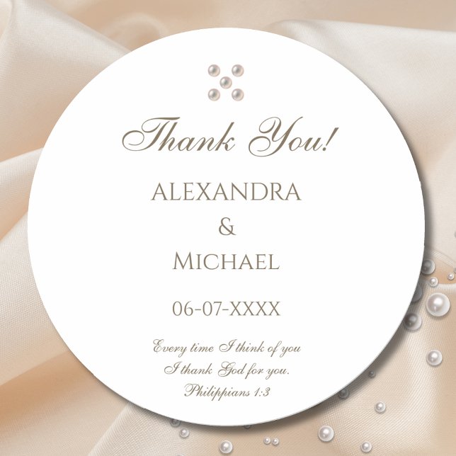 Pegatina Redonda Elegant Pearl Christian Wedding Thank You (Subido por el creador)
