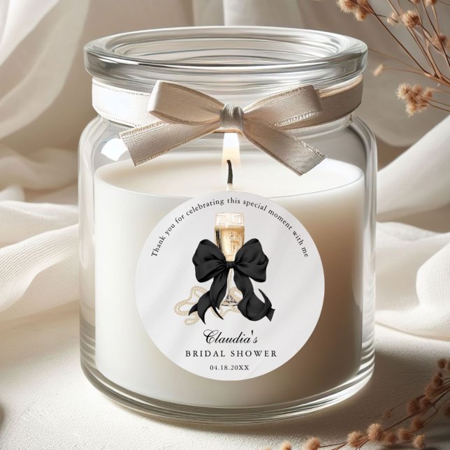 Pegatina Redonda Elegant Pearls & Prosecco Black Bow Bridal Shower  (Pearls and Prosseco Thank you bridal shower stickers)