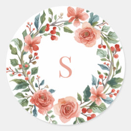 Pegatina Redonda Elegant Personalised Floral Watercolour Monogram