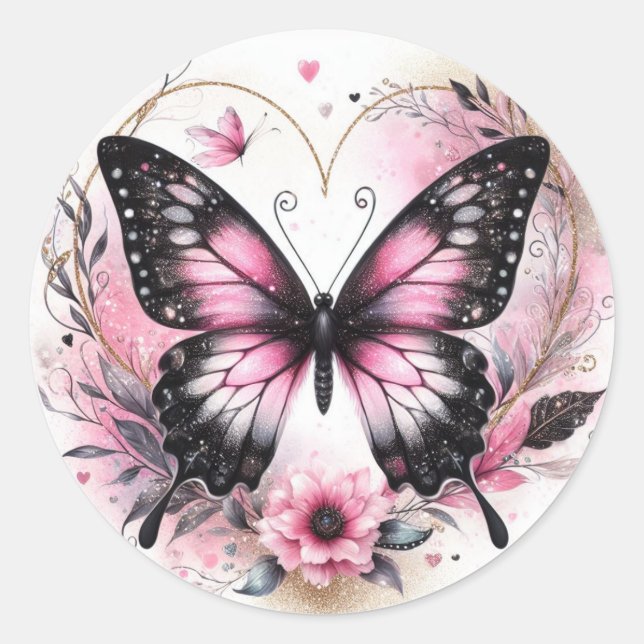 Pegatina Redonda Elegant Pink and Black Butterfly with Heart Art (Anverso)