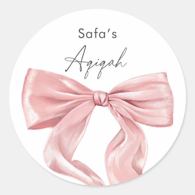 Pegatina Redonda Elegant Pink Bow Aqiqah (Anverso)