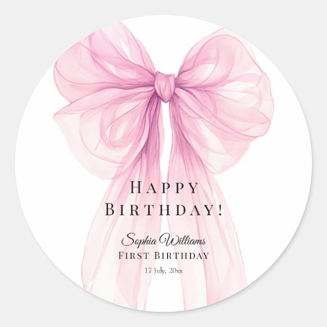 Pegatina Redonda Elegant Pink Bow Birthday Stickers (Anverso)