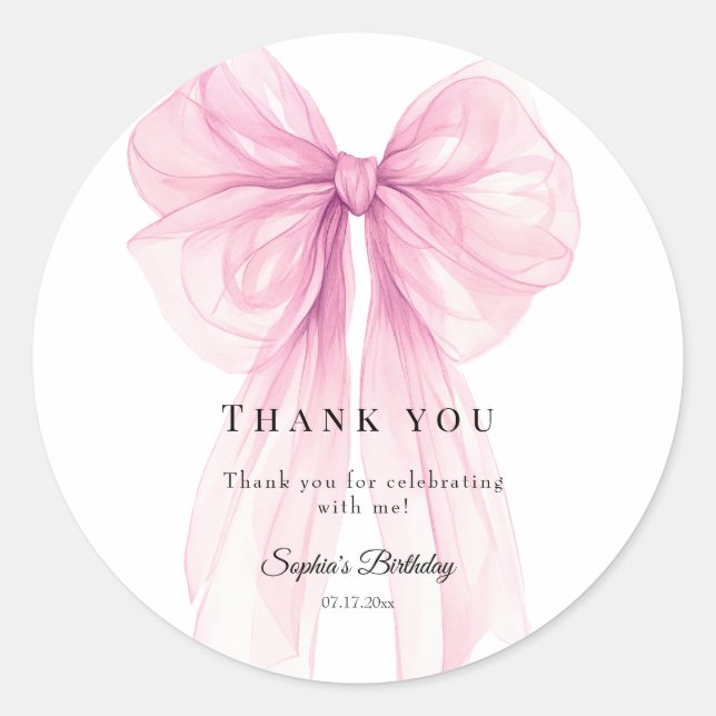 Pegatina Redonda Elegant Pink Bow Birthday  Watercolor (Anverso)